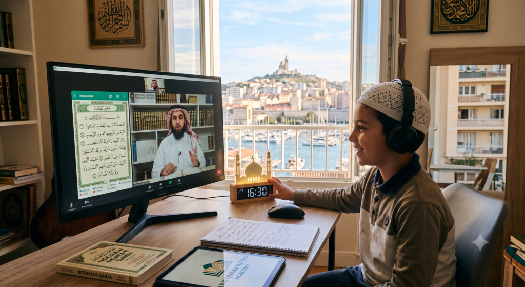 A young boy in Marseille, France, wearing a kufi and headphones, smiles during a live video Quran lesson with an instructor on his monitor. The Notre-Dame de la Garde basilica is visible through the window.
